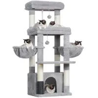 Merkloos Arbre à chat pour grandes races, avec 2 grandes plateformes, 2 paniers, un nid, et une brosse pour le pelage, de couleur gris clair