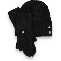 Ralph Lauren pour femme. 454P23538002 Ensemble bonnet et mitaines en point de torsades noir (OSFA), Casuel, Laine