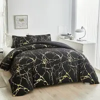 Famanu Ensemble de literie , 135 x 200 cm, 2 pièces, en microfibre, noir avec des détails dorés, motif marbré avec des paillettes