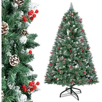 LZQ Arbre de Noël artificiel 180cm avec support métallique Sapin pour décoration de Noël avec neige, pommes de pin et baies rouges