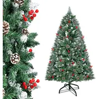 LZQ Arbre de Noël artificiel de 150cm avec support métallique Sapin pour décoration de Noël avec neige, pommes de pin et baies rouges