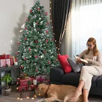 XINZI Arbre de Noël artificiel 180cm Sapin artificiel avec support , pommes de pin et baies rouges (Arbre de Noël avec neige )