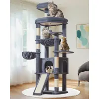 Merkloos Arbre à chat XXL pour grandes races, 183 cm, avec 5 poteaux en sisal, une grande plateforme, des cachettes, un hamac et des boules en peluche