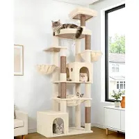 Merkloos Arbre à chat beige XXL, 193 cm de hauteur, avec 2 grandes maisons pour chats, un hamac extra large, idéal pour les grands chats
