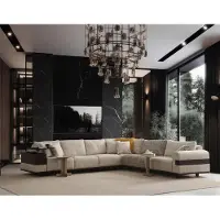 AEA Stilvolles Ecksofa Designer Holz Beistelltische Textilcouch Möbel
