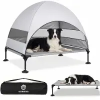 Merkloos Elzusha - Lit d'extérieur et d'intérieur pour chiens, surélevé, avec toit ensoleillement pliable (Gris, taille L)