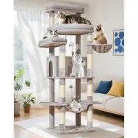 Merkloos Arbre à gratter XXL, 180 cm de hauteur, avec 9 poteaux à gratter, une plateforme, des cachettes, un hamac, des boules en peluche, de couleur gris clair, pour chats