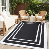 Merkloos Tapis d'extérieur résistant à l'eau, idéal pour balcon et jardin, dimensions 150 x 240 cm, coloris noir et blanc