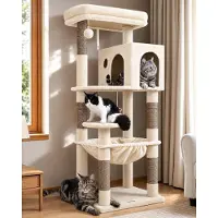 Merkloos Kratzarbre stable, hauteur de 137 cm, grande plateforme rembourrée de 48x40 cm, avec hamac, idéal pour les chats de grande taille et les chats âgés