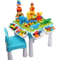 Merkloos Table de jeu multifonctionnelle pour enfants, 5 en 1, avec 128 grands blocs de construction, base verte, comprenant une chaise et