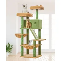 Merkloos Arbre à gratter de 146 cm de hauteur, avec 7 poteaux à gratter, 2 plateformes, 1 cachette, une hamaca et des boules en peluche, idéal pour les grands chats