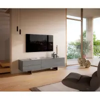DELIFE Meuble-TV Cuor 180 cm Céramique Béton gris 1 Clapet 2 Tiroirs Pied optique flottant Ancier inoxydable