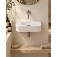 Qeramiq Fuente pack lave-mains – demi-rond – 40 x 22 x 12 cm – céramique lin – sans perçage – robinet inox brossé SW1449885/SW696201/SW696212/SW1108829