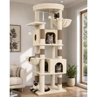 Merkloos Couleur beige Katzenbaum, 188 cm de hauteur, 2 maisons pour chats, plateformes rembourrées, jouets en peluche, adapté aux grands chats de plus de 5 kg