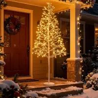 Costway Sapin lumineux LED 150cm, arbre de bouleau avec 280 LED blanc chaud & support en ciment, sapin de Noël artificiel, sapin de Noël, base blanche