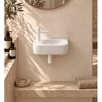 Qeramiq Fuente pack lave-mains – 40 x 21,5 x 12 cm – céramique blanc brillant – perçage à gauche – robinet blanc mat SW1209554/SW696206/SW696216/SW1210972