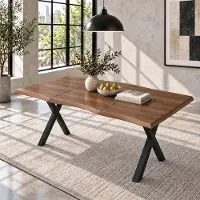 Ninkear Table de salle à manger, dimensions 160x78x75 cm, pour 4 à 6 personnes, plateau en bois avec motif ondulé, pieds en fer en forme de X, finition noyer