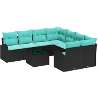 vidaXL Ensemble de salon , 9 pièces, couleur noire et turquoise, en résine tressée (polyrotin), capacité pour 8 personnes