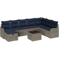 vidaXL Ensemble de salon de jardin , 9 pièces, gris et bleu marine, en résine tressée. (Capacité : 8 personnes)