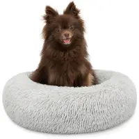 Merkloos Coussin en forme de donut pour chiens et chats, diamètre 40 cm, en peluche, avec un rembourrage extra épais, de couleur gris clair, pour animaux de compagnie