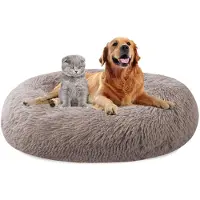 Sonstiges Lit pour chien rond, diamètre 90 cm, beige et marron, en peluche, lavable, antidérapant. Panier pour animaux de compagnie, adapté aux chiens et aux chats