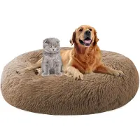 Sonstiges Lit pour chien, forme ronde, diamètre 90 cm, couleur kaki, en peluche, lavable, antidérapant, forme de donut