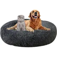 Sonstiges Lit pour chien, forme ronde, diamètre 120 cm, en peluche, lavable, antidérapant, couleur gris foncé