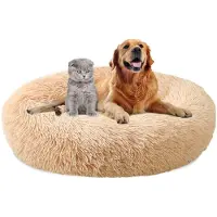 Sonstiges Lit pour chien, forme ronde, diamètre 90 cm, couleur pêche, en peluche, lavable, antidérapant, forme de donut