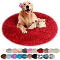 Sonstiges Lit pour chien, forme ronde, en peluche, lavable, antidérapant, avec bords surélevés, couleur rouge, 50 cm de diamètre