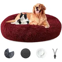 Sonstiges Lit pour chien, design en forme de donut, en peluche, lavable, avec housse amovible, antidérapant, diamètre 100 cm, couleur rouge vin