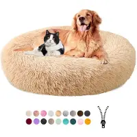 Sonstiges Lit pour chien, design en forme de donut, en peluche, lavable, avec housse amovible et base antidérapante, diamètre 120 cm, couleur pêche
