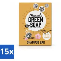 Marcels Green Soap Savon vert Marcel's - Barre de shampooing - Vanille & Fleur de cerisier - Fortifie & nourrit - 90g - Pack avantage - 15 pièces