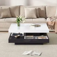 OEM Table basse pivotante pour salon, finition blanc brillant, cadre noir, rotation à 360°, espace de rangement à 2 niveaux, dimensions : 70 x 70 x 36 cm
