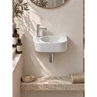 Qeramiq Fuente pack lave-mains – demi-rond – 40 x 21,5 x 12 cm – perçage à gauche – robinet chromé SW1209554/SW696209/SW696219/SW696234