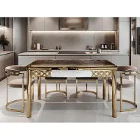 JVmoebel Salle à manger, table rectangulaire en bois brun, détails dorés, marbre, aluminium, confort