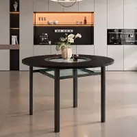 Kein Hersteller Table ronde, diamètre 100 cm, aspect bois, pour 2 à 4 personnes, plateau en verre, structure en métal (noir)
