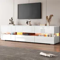 Kein Hersteller Meuble TV, finition laquée, dimensions 160x39x45 cm, éclairage LED, 2 portes, 1 tiroir, compartiment ouvert, compatible pour téléviseur 70 pouces, insert en verre acrylique, ouverture par pression