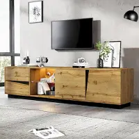 Kein Hersteller Meuble TV 180x35x45, avec éclairage LED, en MDF, 2 tiroirs, 2 portes, étagère en verre, compartiment ouvert, passe-câbles