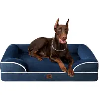 EHEYCIGA Lit orthopédique pour chien, dimensions 122x89 cm, couleur bleu marine, avec des bords relevés pour la tête, lavable, imperméable et antidérapant