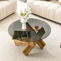Kein Hersteller Table basse ronde, en verre, avec structure en bois imitant le bois ou le marbre, diamètre 79 cm, hauteur 45 cm (modèle "Wood")