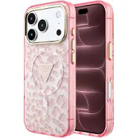GUESS Coque IML Leopard avec logo triangulaire pailleté et MagSafe pour iPhone 18 Pro Max / iPhone 17 Pro (Apple iPhone 17 Pro Max, Apple iPhone 18 Pro Max), Coque pour téléphone portable, Pink