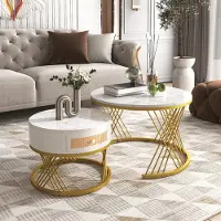 Merkloos Table basse ronde en MDF avec plateau en rotin, 2 en 1