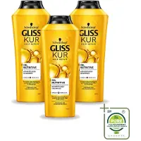GLISS 3 flacons de shampooing nourrissant à l'huile Kur pour cheveux secs et abîmés, 400 ml chacun - Lot de 3