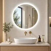 OEM Miroir de salle de bain rond, diamètre 50 cm, avec éclairage LED, variateur d'intensité, 3 couleurs de lumière, indice de protection IP66