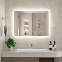 OEM Miroir de salle de bain LED, dimensions 60x80 cm, avec horloge, date, prévisions météorologiques et variateur d'intensité