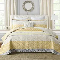 OEM Ensemble de couette Queen, 3 pièces, 100% coton, motif floral, jaune et gris