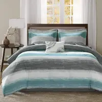 OEM Ensemble de literie king size, 9 pièces, motif rayures aquarelle, couleur bleu turquoise, dimensions 264 x 233 cm