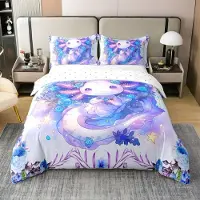 OEM Ensemble de housse de couette et taies d'oreiller Axolotl, 135x200 cm, 100 % coton, bleu avec des motifs de roses et d'étoiles