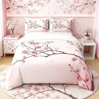 OEM Ensemble de housse de couette Super King, en coton, motif fleurs de cerisier, rose clair, dimensions : 218 x 259 cm