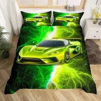 OEM Ensemble de literie pour lit double, motif voiture de course, noir et vert, dimensions 200x200 cm